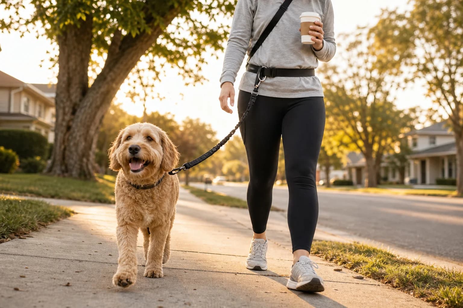 Busy dog owner on a morning walk with hands-free leash